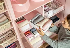 woman using closet organizing tray